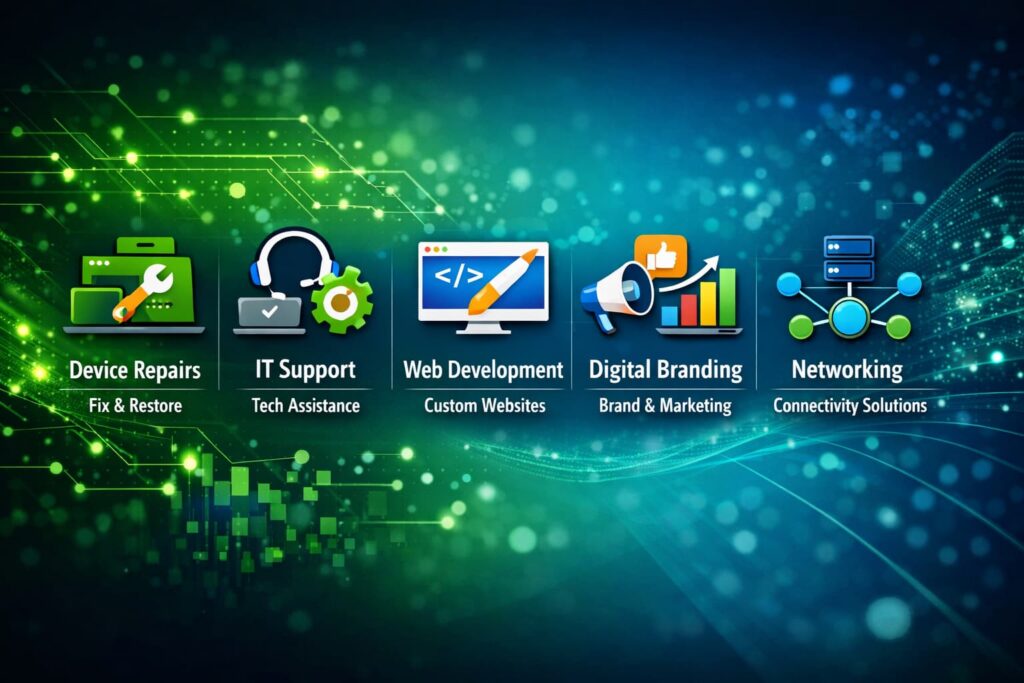 Services offered: Repairs, IT Support, Web Development, Digital Branding, Networking